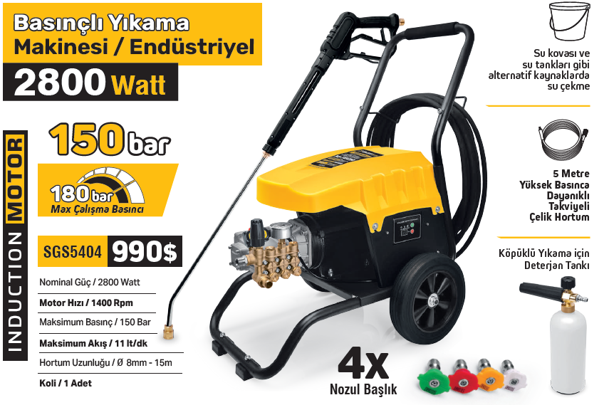 SGS Endüstriyel Basınçlı Yıkama Makinası 2800 Watt/150 Bar 5 Metre ✓